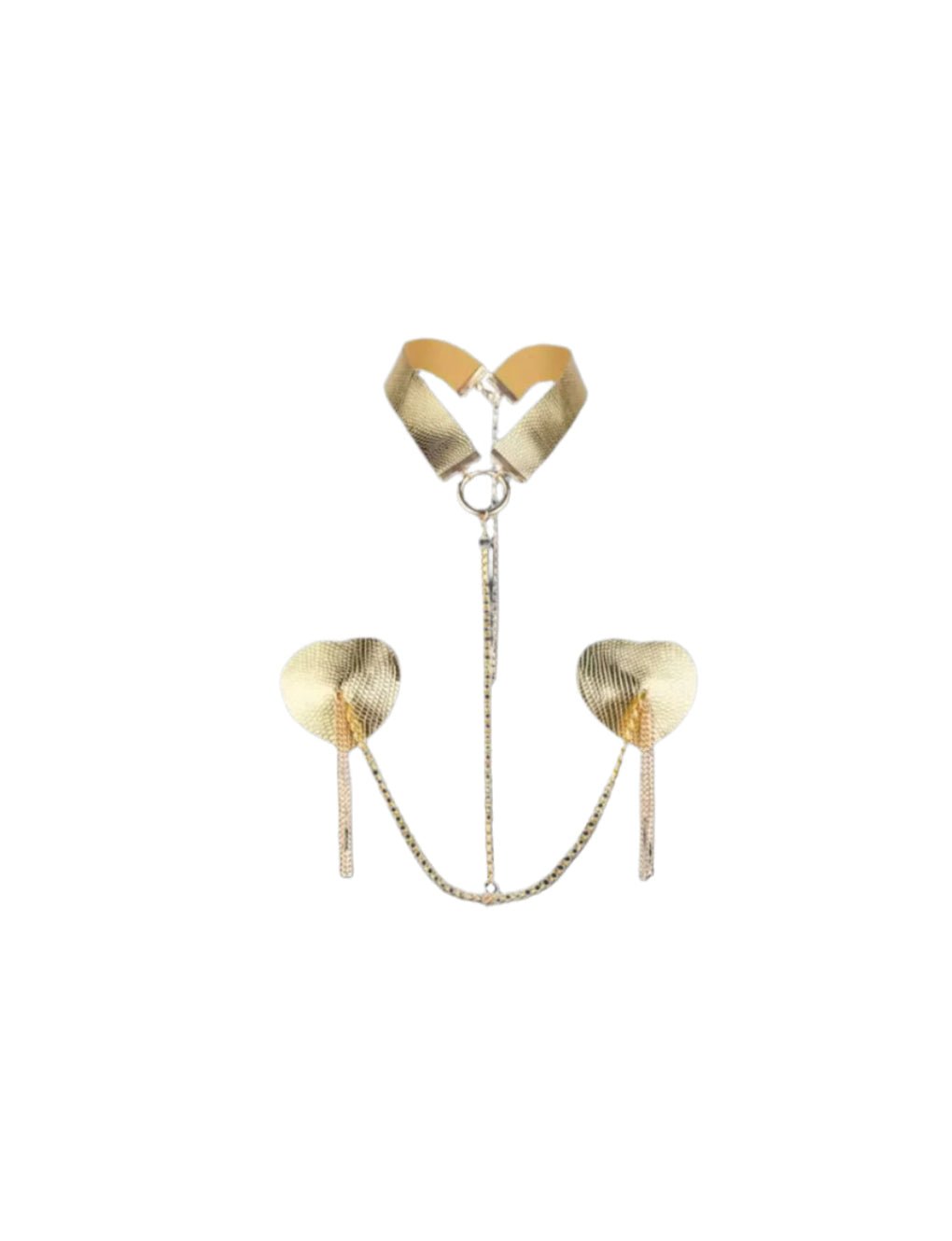 Luxury gold nipple pasties with dangling chains and elegant choker from Secret Kiss, adding glamour to your lingerie collection.