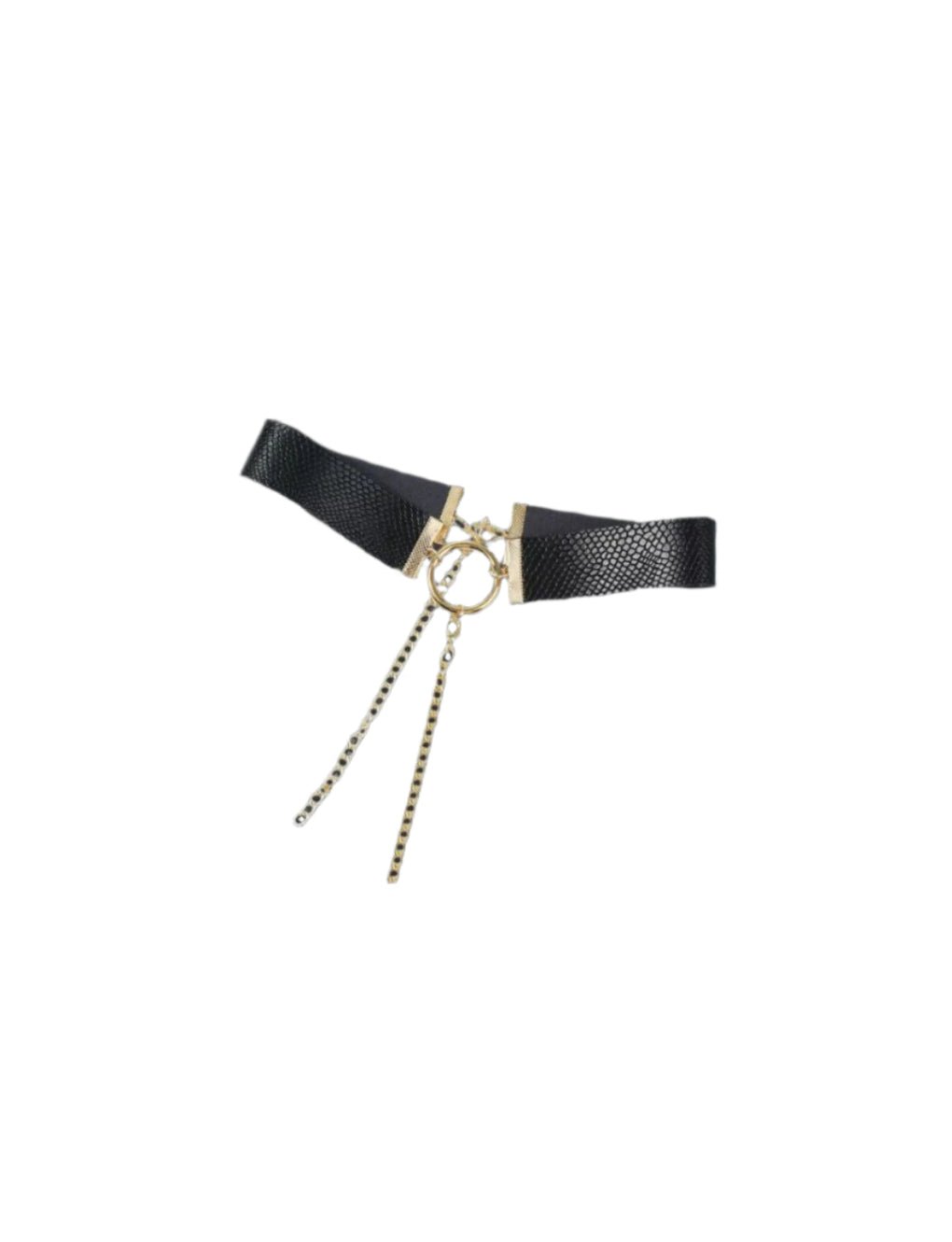 Black adjustable bondage-style choker with metal detailing from Secret Kiss, ideal for accessorizing sensual outfits or role play.