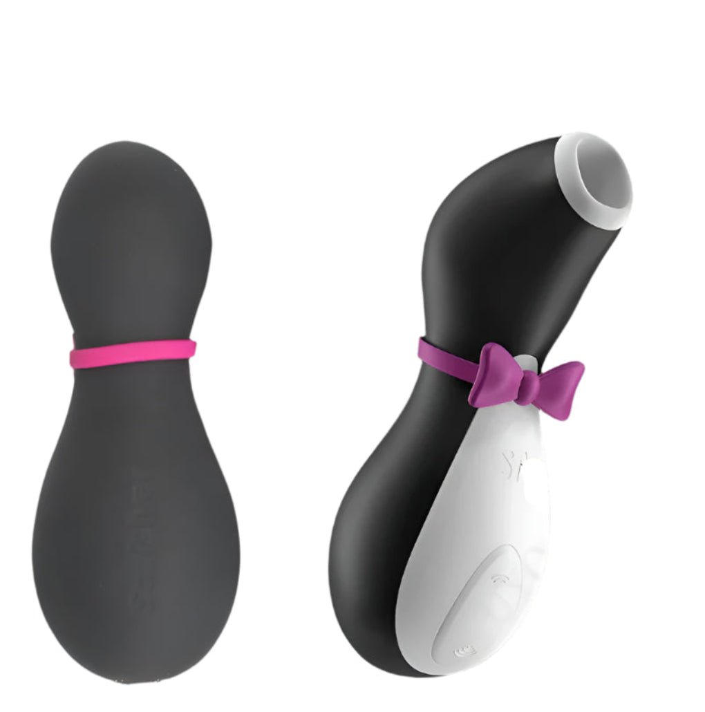 Front and back angles of the Penguin Secret Kiss vibrator highlighting its ergonomic shape, control button, and medical-grade silicone finish.