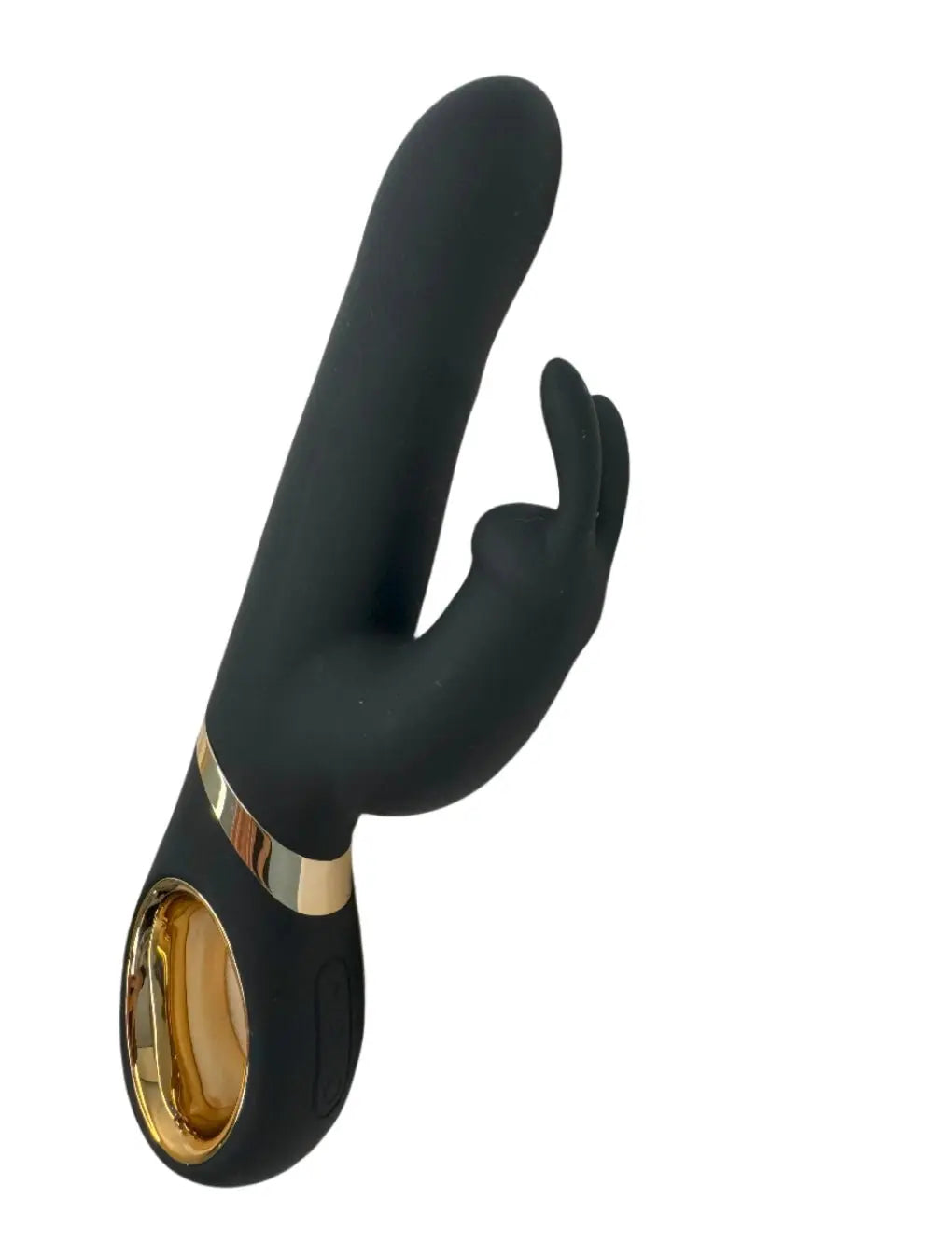 Close-up of the Multi-Speed Rotating Rabbit Vibrator by Secret Kiss, highlighting its luxurious black silicone texture and elegant gold detailing.
