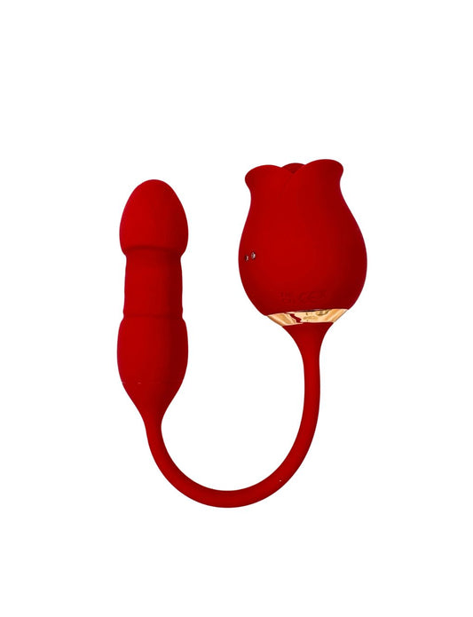Dual stimulation rose vibrator featuring air pulse suction and internal vibrating egg.