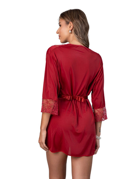 Model in Ruby Red satin robe featuring lace trim and satin ribbon tie, styled to pair with Secret Kiss lingerie set.