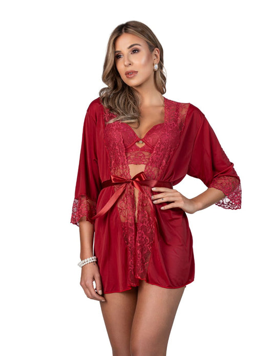 Model wearing Ruby Red satin robe with lace trim and ribbon waist tie. Designed to match lingerie from the Noir Collection by Secret Kiss.