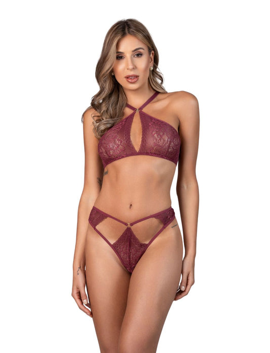 Model wearing burgundy lace halter bra and open-front thong with jewel and ring detail, from the Noir Collection by Secret Kiss.