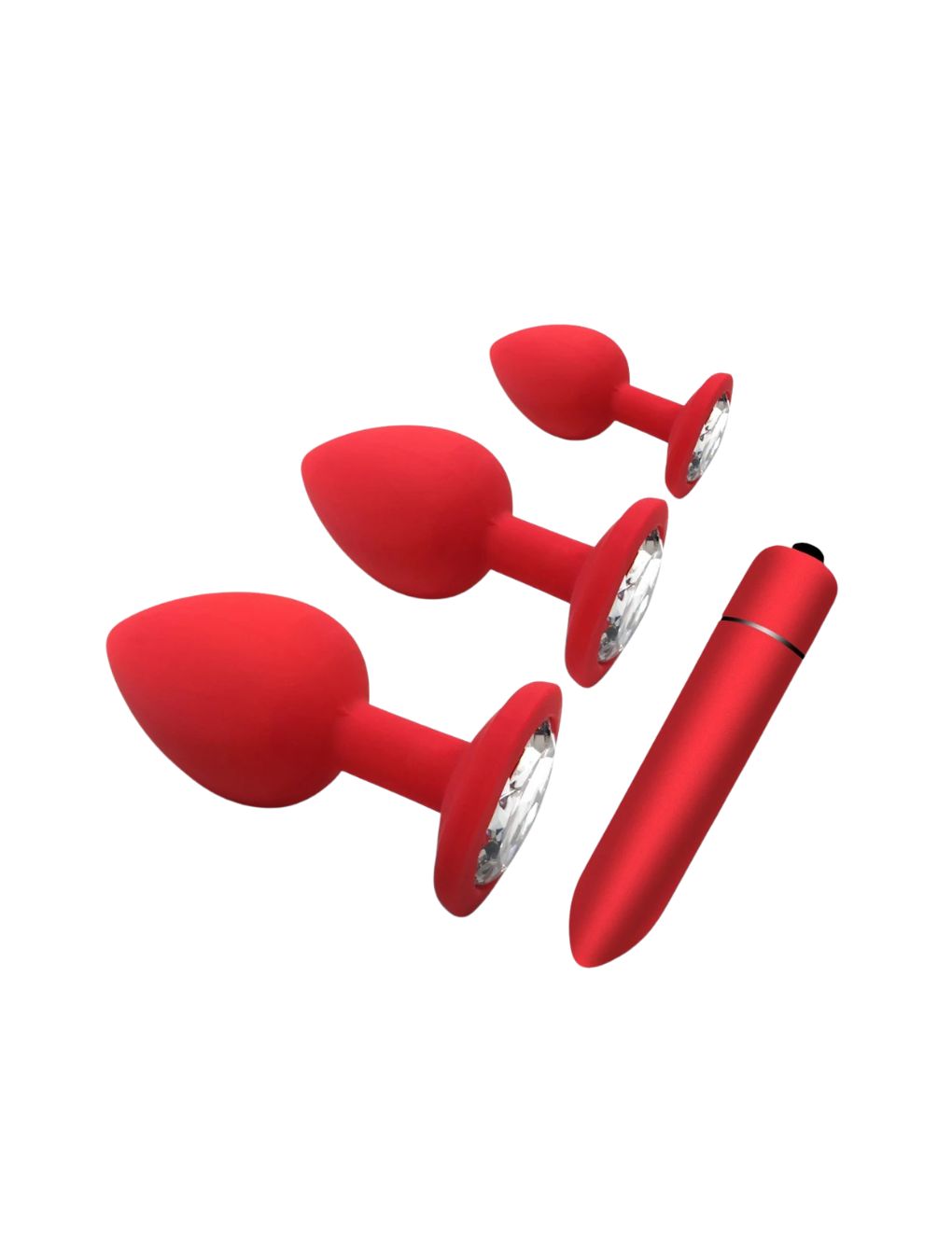 Red silicone anal plug set with crystal base in multiple sizes and bullet vibrator Secret Kiss.