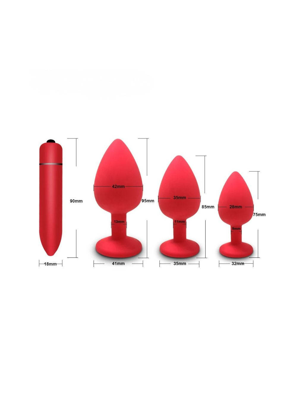 Red silicone anal plug set with size measurements and bullet vibrator dimensions Secret Kiss.