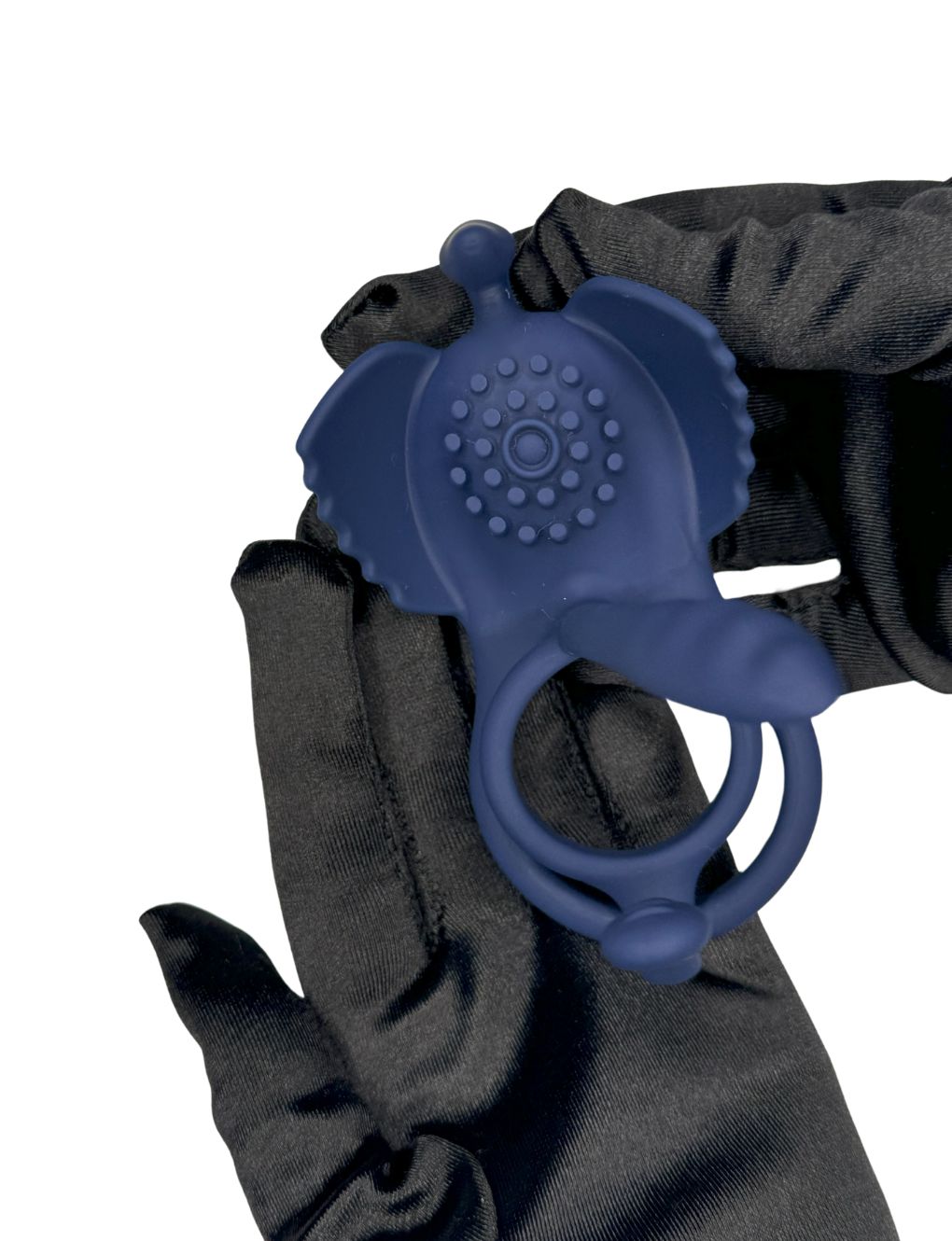 Front view of the All-in-1 Vibrating Cock Ring Secret Kiss featuring its ergonomic design and built-in clitoral stimulator.