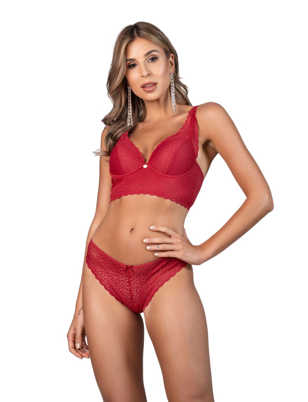 Model in ruby red animal longline lace bra and thong with medallion detail. Ideal for extra large sizes. Sauvage Collection by Secret Kiss.
