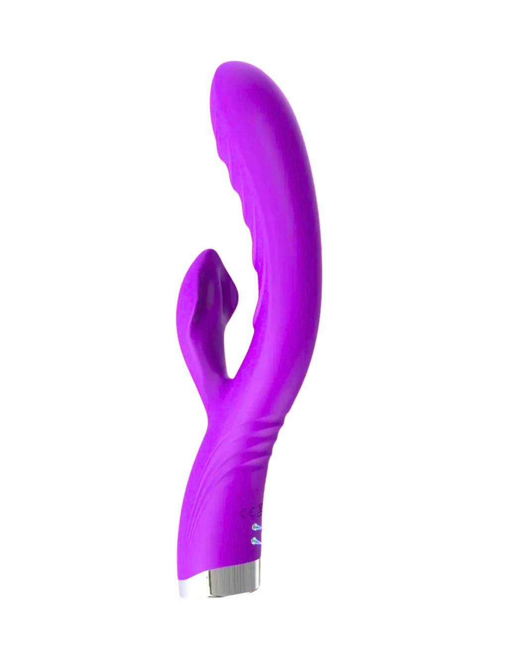 Rechargeable rabbit vibrator with curved stimulation shaft
