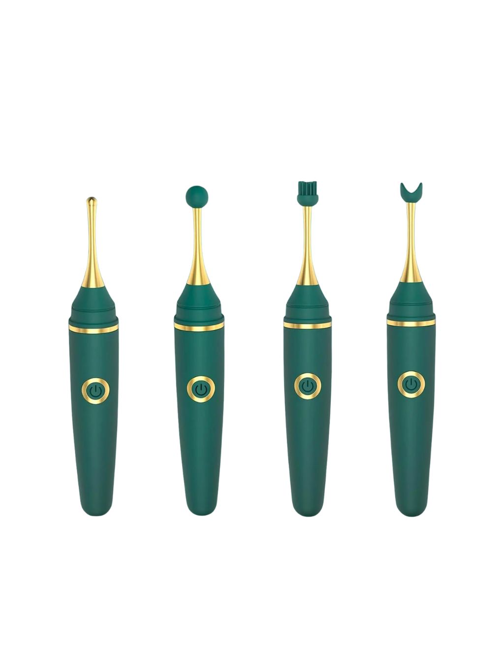 Portable pen vibrator with three attachments and sleek design.