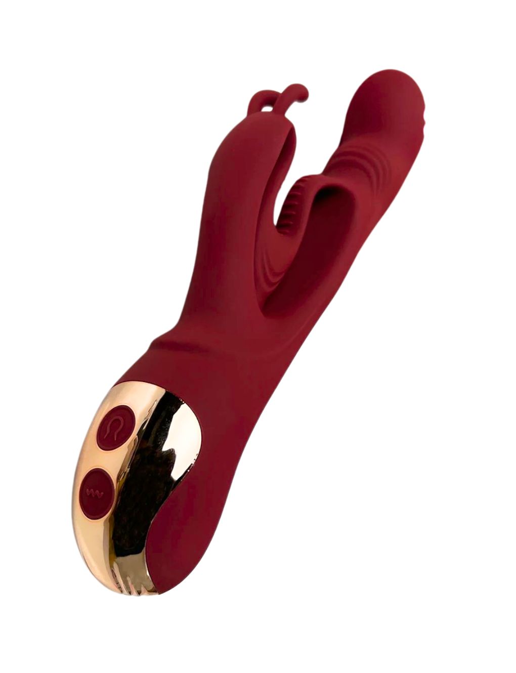 Wine-red rabbit vibrator with heart-shaped stimulation arm
