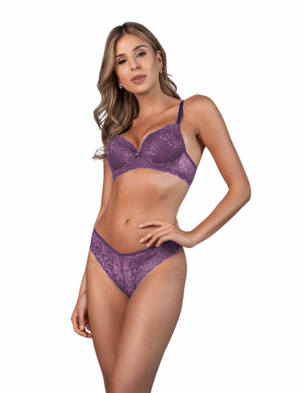 Model wearing solid mauve lace lingerie set with molded bra and thong, from the Noir Collection by Secret Kiss.