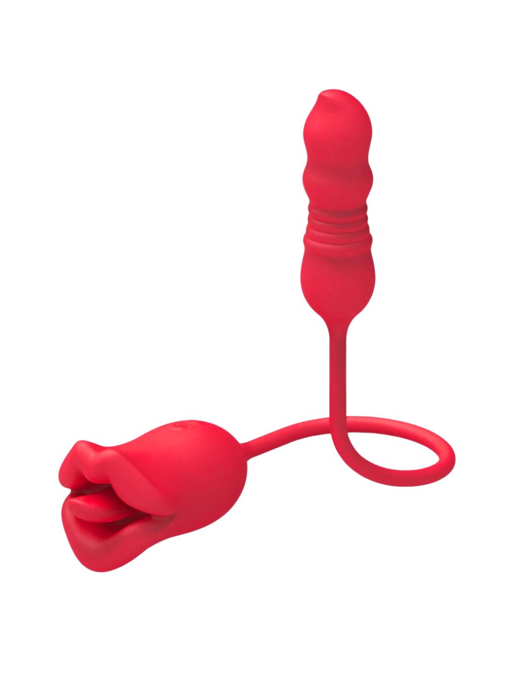 Dual stimulation clitoral vibrator with oral simulation and internal egg design.