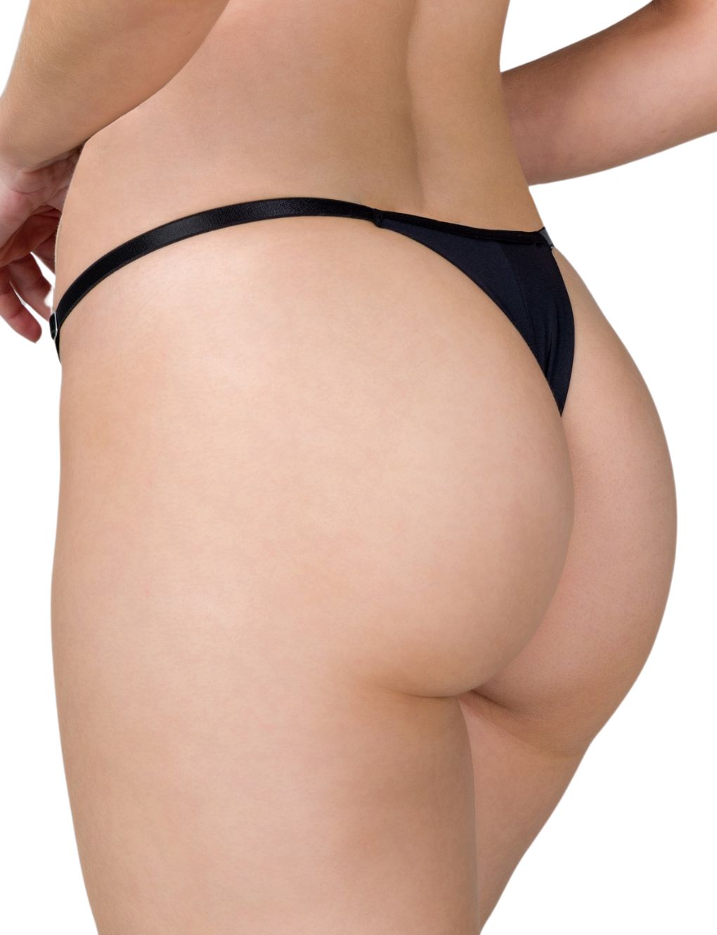 Back view of black lace string panty with adjustable elastic straps from Secret Kiss Noir Collection.