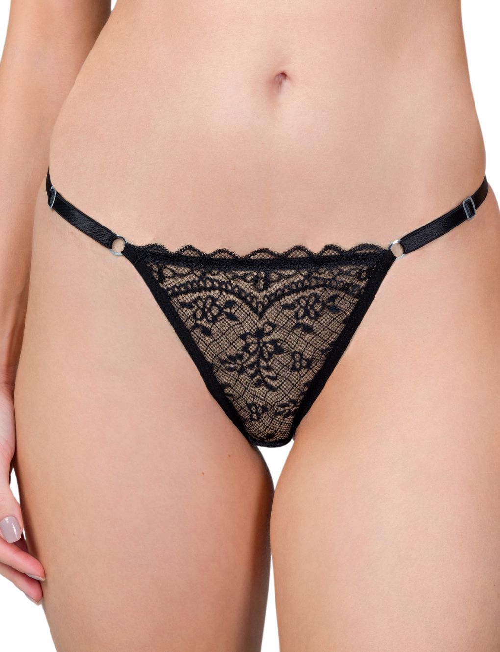 Front view of black lace string panty with floral pattern and silver ring accents from Secret Kiss.
