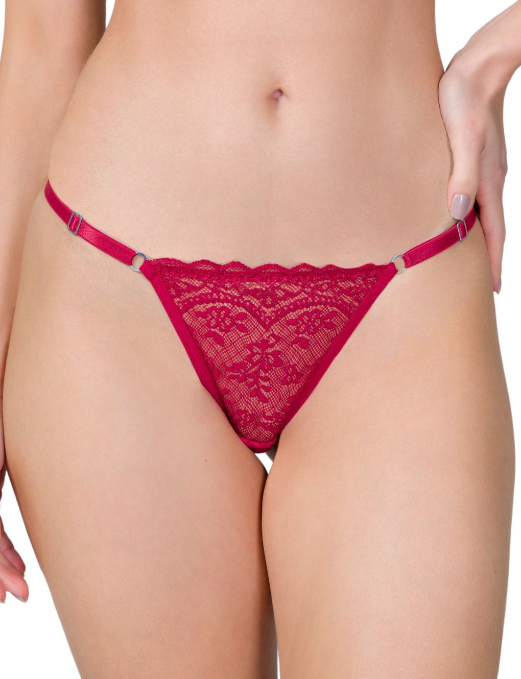 Front view of red lace string panty with floral lace and silver ring accents from Secret Kiss.