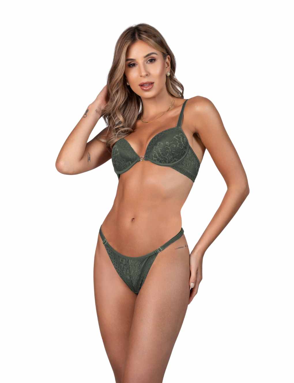Model wearing lace bra with jewel detail and string thong in deep olive, from the Noir Collection by Secret Kiss.