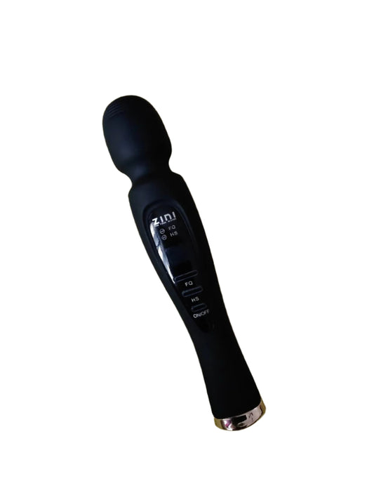 Close-up of the Powerful Magic Wand Vibrator Secret Kiss in black, featuring a large silicone head and ergonomic design.