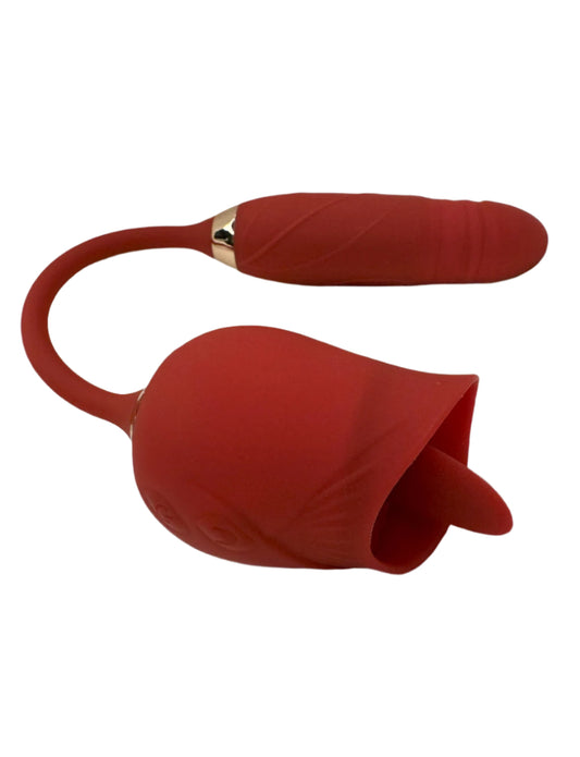 Rose Tongue Vibrator Secret Kiss – rose-shaped clitoral vibrator with licking, thrusting, and vibrating motions for intense, targeted pleasure and G-spot stimulation.
