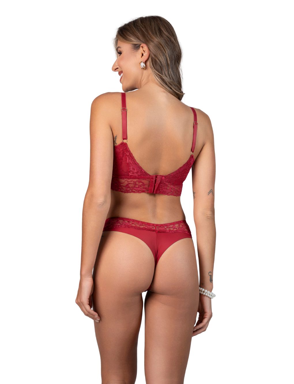 Model in Ruby Red longline lace bra and matching double-strap thong, styled to pair with the Secret Kiss satin robe.