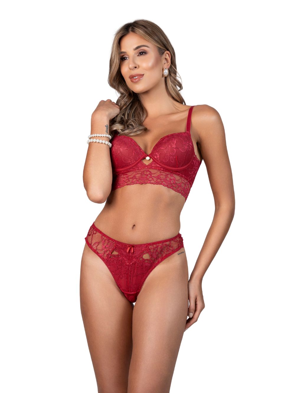 Model wearing longline lace bra and double-strap thong in Ruby Red. Designed to pair with the robe from the Noir Collection by Secret Kiss.