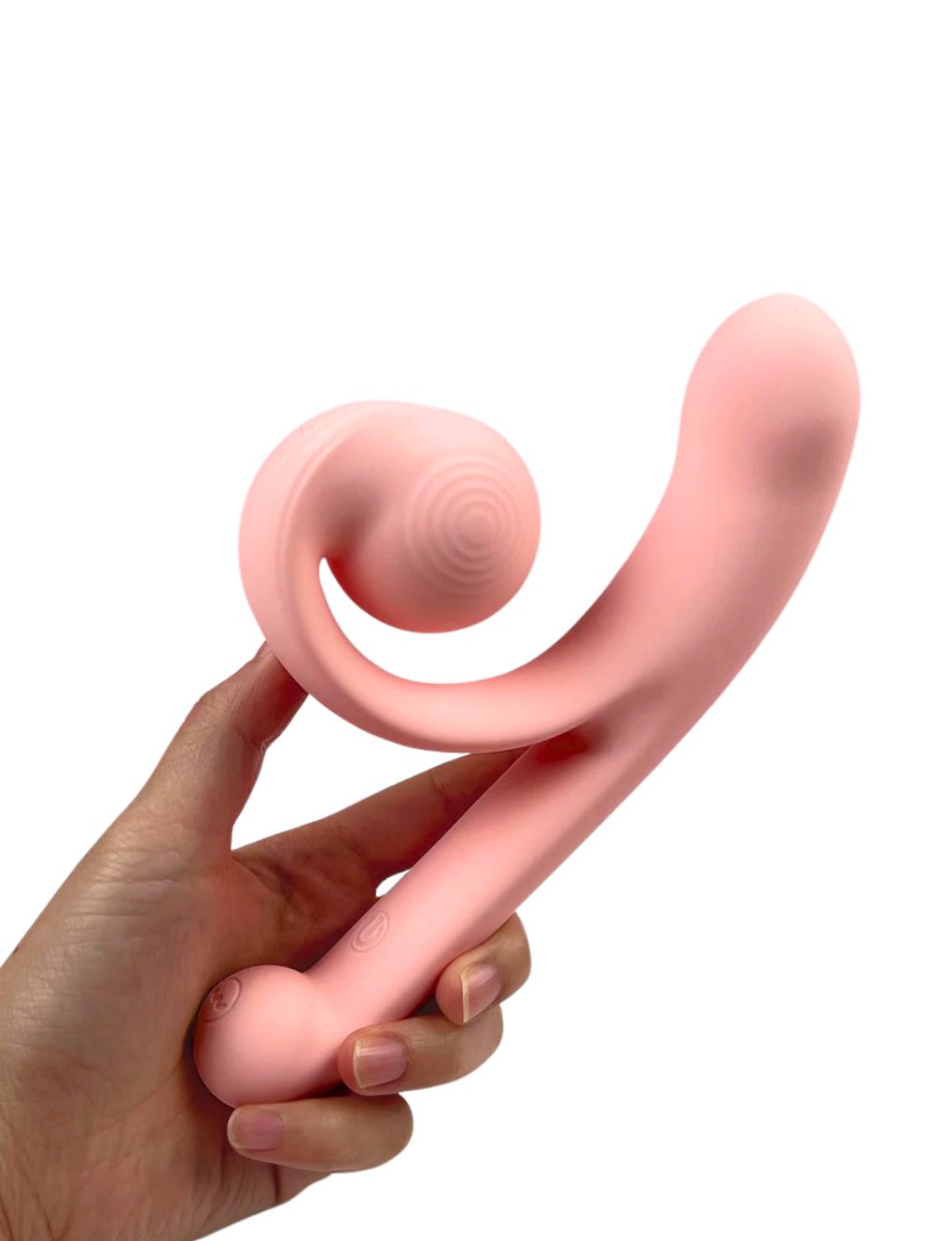 Soft silicone dual stimulation vibrator in blush pink
