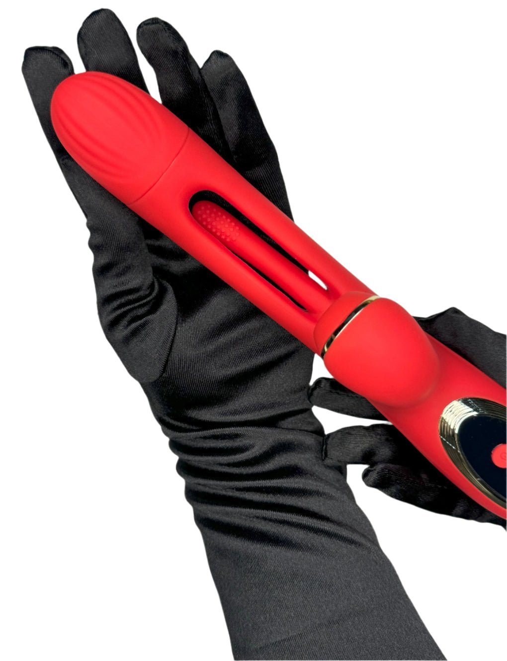 Close-up of the red Tapping & Sucking Rabbit Vibrator Secret Kiss, held in hand, showcasing its flexible design and tapping functionality for targeted pleasure.