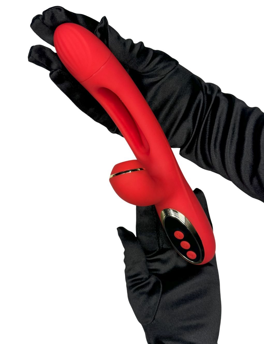 Red Tapping & Sucking Rabbit Vibrator Secret Kiss, held in hand to demonstrate its easy grip and dual-action pleasure features.
