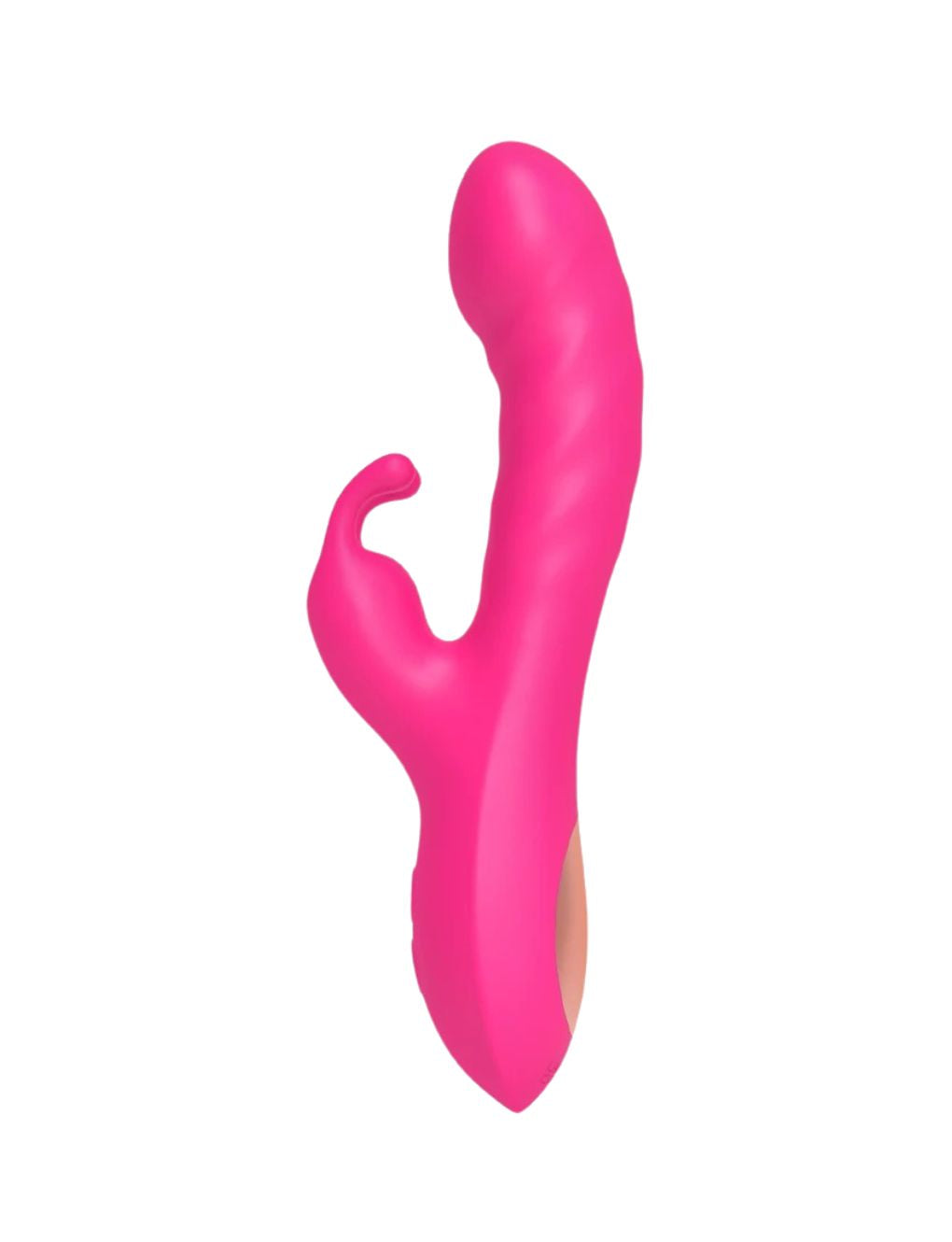 Curved silicone vibrator with thrusting motion and clitoral arm.