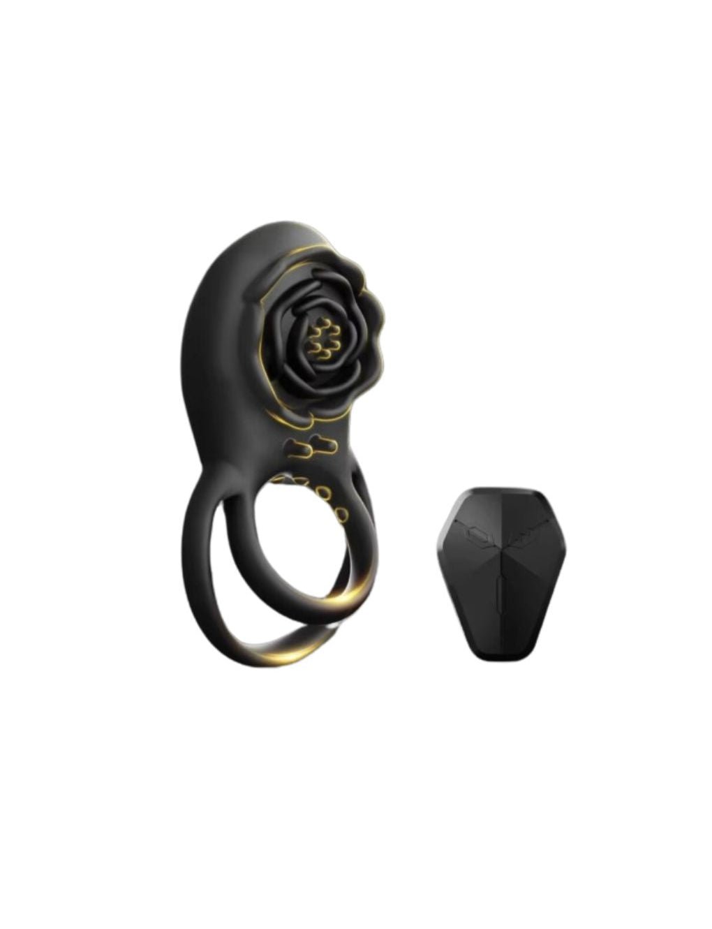 Front view of the Wireless Remote Cock Ring Vibrator Secret Kiss with rose-shaped clitoral stimulator and matching remote control.