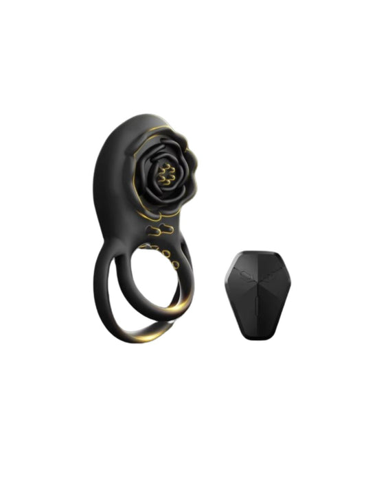 Wireless Remote Cock Ring Vibrator Secret Kiss with rose-shaped clitoral stimulator in black silicone.