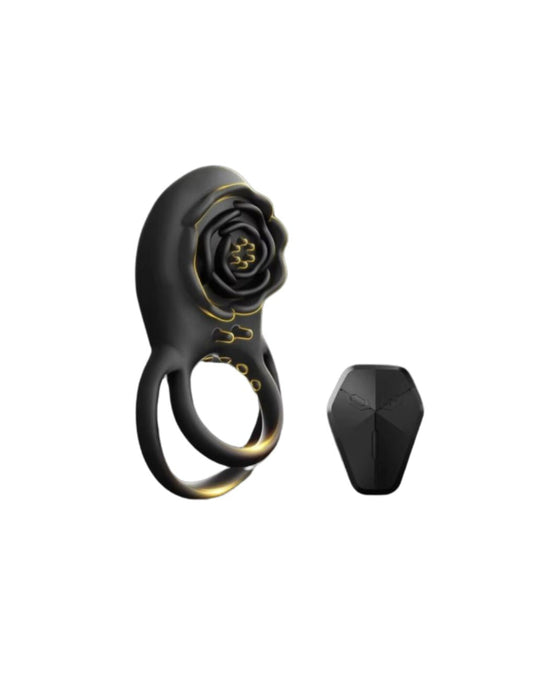 Wireless Remote Cock Ring Vibrator Secret Kiss with rose-shaped clitoral stimulator in black silicone.