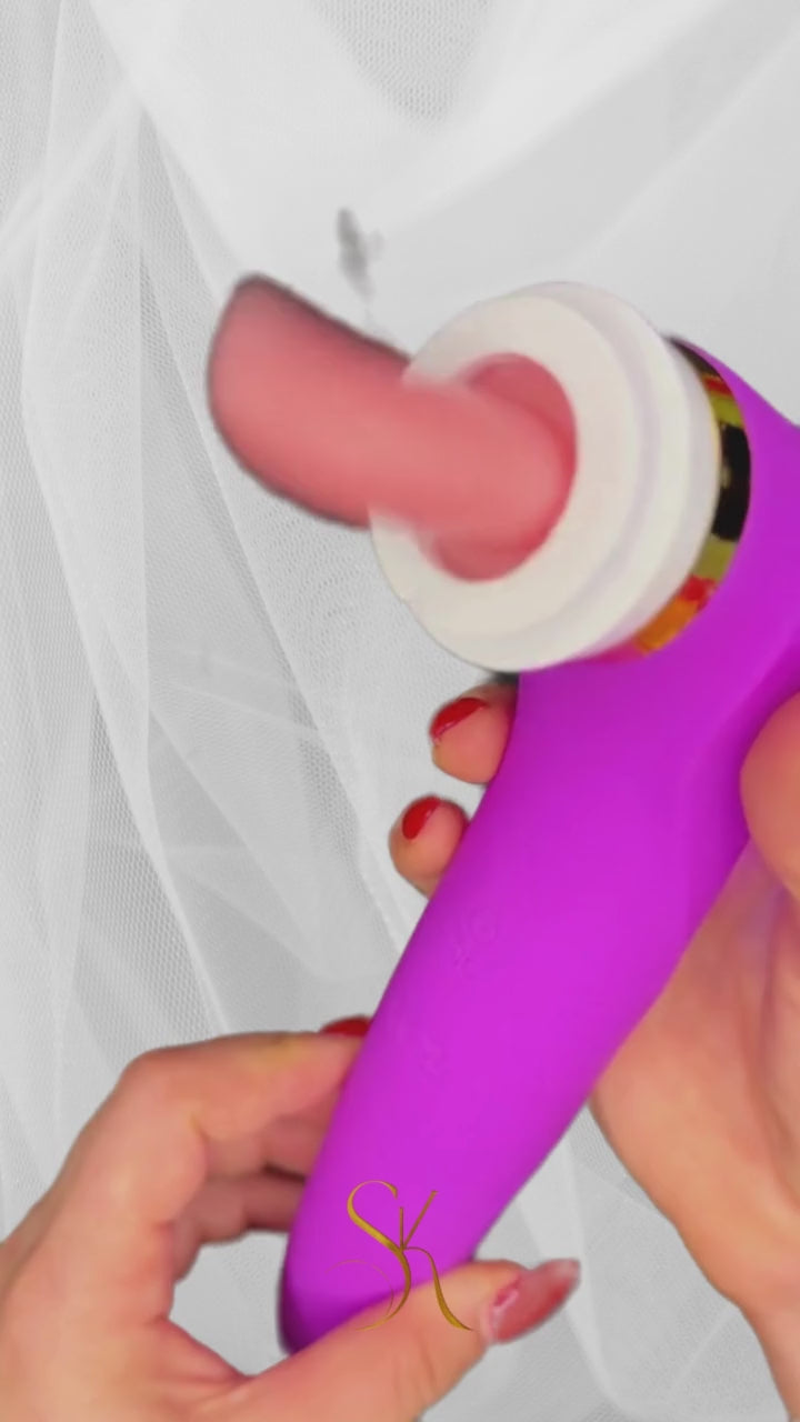 Tongue Tease Sucking Vibrator Secret Kiss in use, offering lifelike licking and sucking sensations for intense clitoral stimulation and deep pleasure.